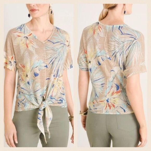 Chico's Women's Linen Blend Tropical Print Tie Front V-Neck Top Tan Blue Sz 3 XL - Picture 1 of 8